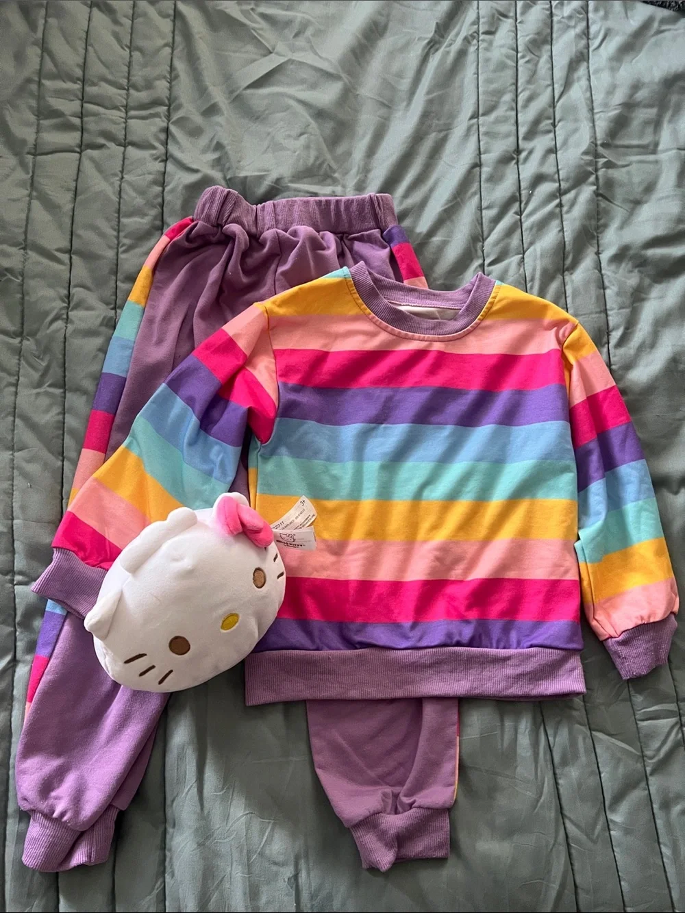 Girls Rainbow Stripe Purple Lounge Pajama Set